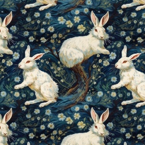 van gogh inspired botanical white rabbit in wonderland