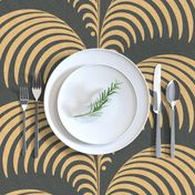 Serene palm Art Deco fern frond plume in charcoal black antique gold wallpaper 24 scale by Pippa Shaw