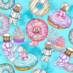Hand Painted Watercolor Space Astronauts Sweet Dreams with Cupcakes and Donuts large  scale. 