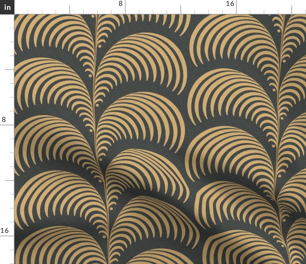 Serene palm Art Deco fern frond plume in charcoal black antique gold wallpaper 12 scale by Pippa Shaw