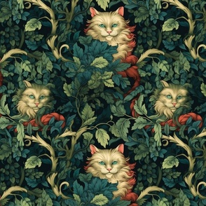 fluffy white cheshire cat inspired by william morris
