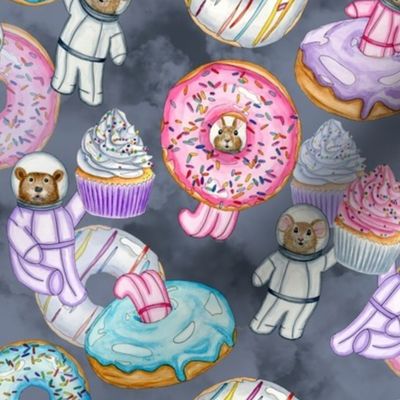 Hand Painted Watercolor Space Astronauts Sweet Dreams with Cupcakes and Donuts smallest scale on grey. 