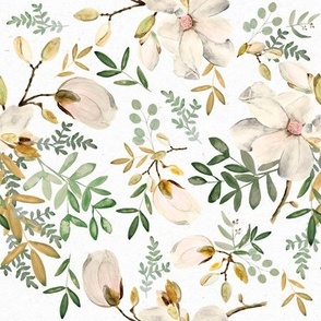Medium Green and Gold Floral on White / Watercolor