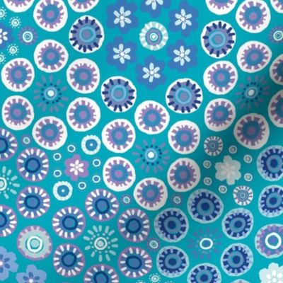Hand Painted Geometric Patchwork Ditsy Floral in Turquoise, Purple and White (Large)