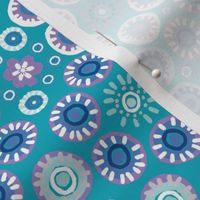 Hand Painted Geometric Patchwork Ditsy Floral in Turquoise, Purple and White (Large)