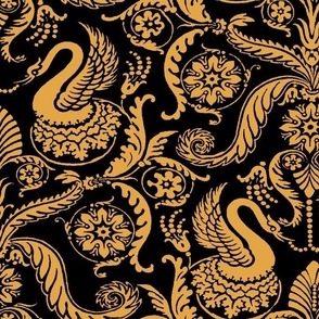 Medieval Swans Damask Wallpaper Gold on Black