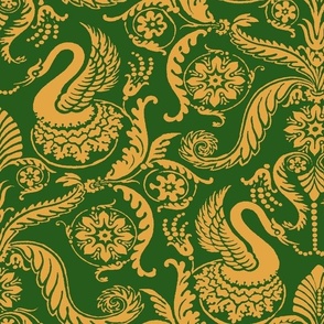 Medieval Swans Damask Wallpaper Gold on Green