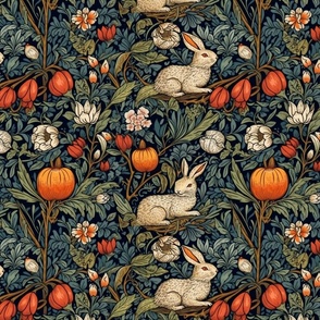 william morris inspired botanical with white rabbits and pumpkins