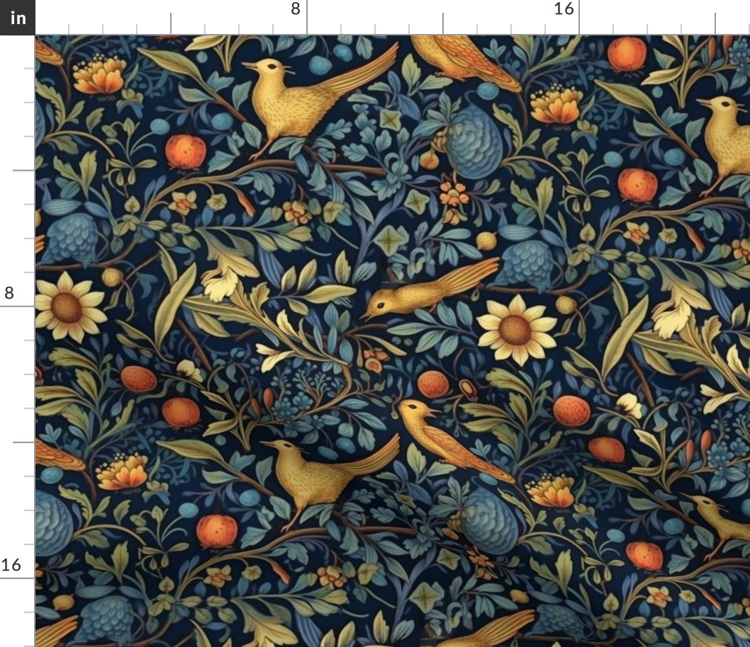 william morris inspired gold birds and sunflowers
