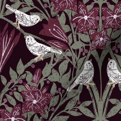 White Birds and Flowers | lily blooms with evergreen leaves and purple berries | Large Scale | Arts and Crafts Style Pattern 