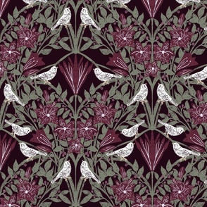 White Birds and Flowers | lily blooms with evergreen leaves and purple berries | Large Scale | Arts and Crafts Style Pattern 
