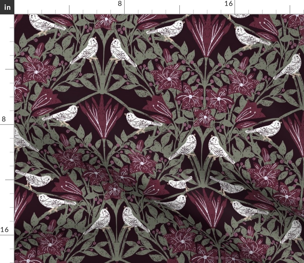 White Birds and Flowers | lily blooms with evergreen leaves and purple berries | Large Scale | Arts and Crafts Style Pattern 