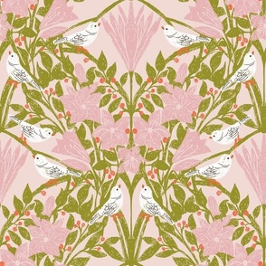 White Birds and Flowers | Lily blooms with evergreen leaves and red berries | Large Scale | Arts and Crafts Style Pattern 