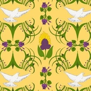 Elegant Gold and Eggplant Botanical Geometric Design with Birds - Perfect for Fabric and Wallpaper