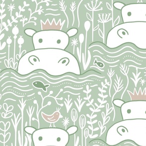 hippo swimmers sage green wallpaper scale