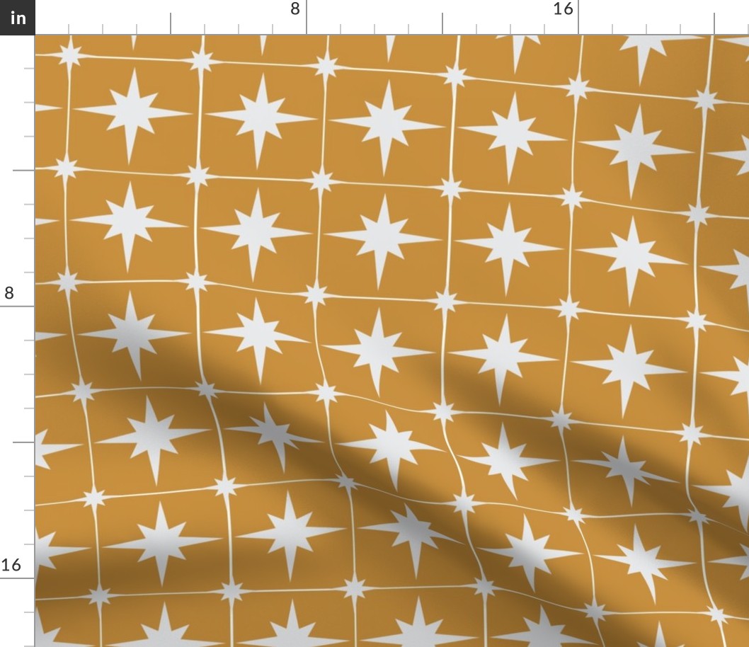 Medium Scale Italian Tile Style White Stars on a Golden Yellow background