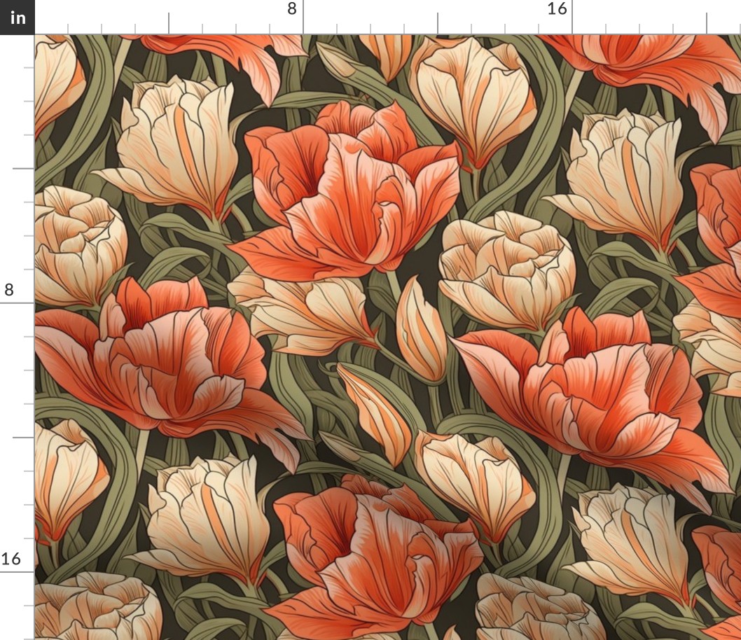 peach and orange tulip botanical inspired by william morris