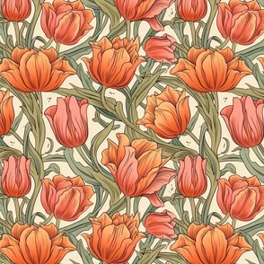 orange tulip botanical with a white background inspired by william morris