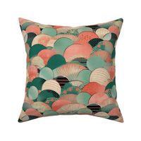 art deco watercolor circles in mint and orange red