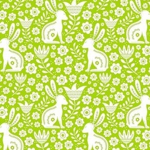 Small Scale Easter Folk Flowers and Bunny Rabbits Spring Scandi Floral White on Lime
