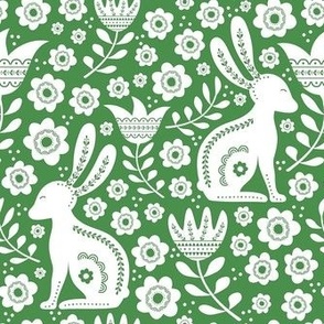 Medium Scale Easter Folk Flowers and Bunny Rabbits Spring Scandi Floral White on Kelly Green