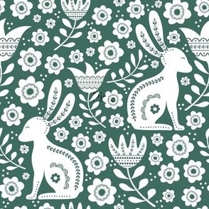 Medium Scale Easter Folk Flowers and Bunny Rabbits Spring Scandi Floral White on Pine Green