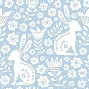 Medium Scale Easter Folk Flowers and Bunny Rabbits Spring Scandi Floral White on Fog Blue