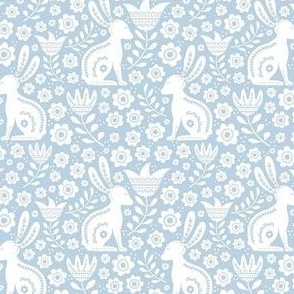 Small Scale Easter Folk Flowers and Bunny Rabbits Spring Scandi Floral White on Fog Blue
