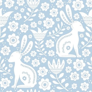 Large Scale Easter Folk Flowers and Bunny Rabbits Spring Scandi Floral White on Fog Blue