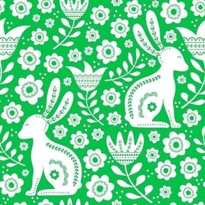 Medium Scale Easter Folk Flowers and Bunny Rabbits Spring Scandi Floral White on Grass Green