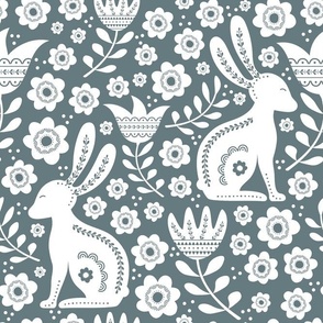 Large Scale Easter Folk Flowers and Bunny Rabbits Spring Scandi Floral White on Slate Grey