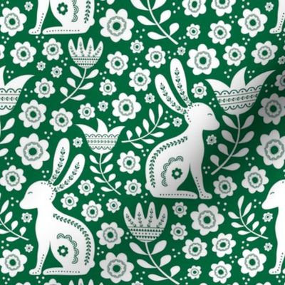 Medium Scale Easter Folk Flowers and Bunny Rabbits Spring Scandi Floral White on Emerald Green