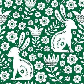 Medium Scale Easter Folk Flowers and Bunny Rabbits Spring Scandi Floral White on Emerald Green