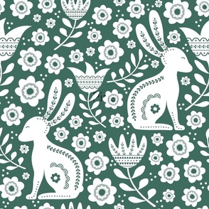 Large Scale Easter Folk Flowers and Bunny Rabbits Spring Scandi Floral White on Pine Green
