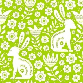 Medium Scale Easter Folk Flowers and Bunny Rabbits Spring Scandi Floral White on Lime