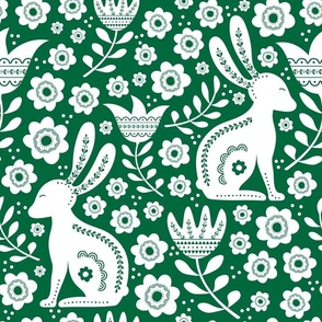 Large Scale Easter Folk Flowers and Bunny Rabbits Spring Scandi Floral White on Emerald Green