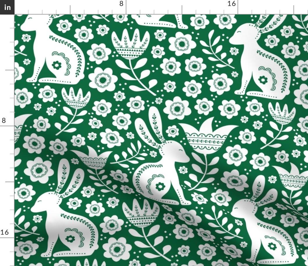 Large Scale Easter Folk Flowers and Bunny Rabbits Spring Scandi Floral White on Emerald Green
