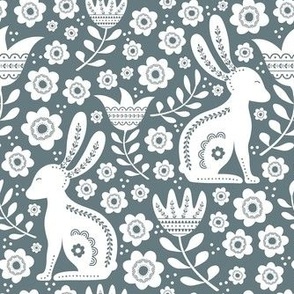 Medium Scale Easter Folk Flowers and Bunny Rabbits Spring Scandi Floral White on Slate Grey
