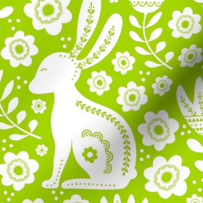 Large Scale Easter Folk Flowers and Bunny Rabbits Spring Scandi Floral White on Lime