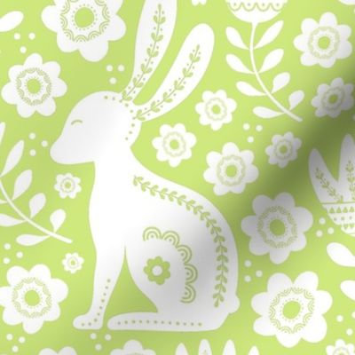 Large Scale Easter Folk Flowers and Bunny Rabbits Spring Scandi Floral White on Honeydew