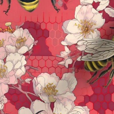 bees on the cherry blossoms inspired by yoshitoshi