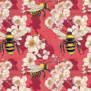 bees on the cherry blossoms inspired by yoshitoshi