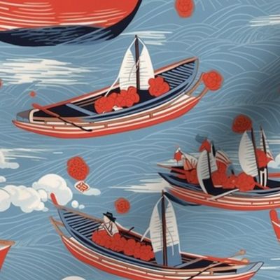 red boats on a blue ocean