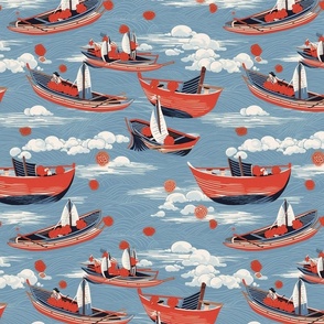 red boats on a blue ocean