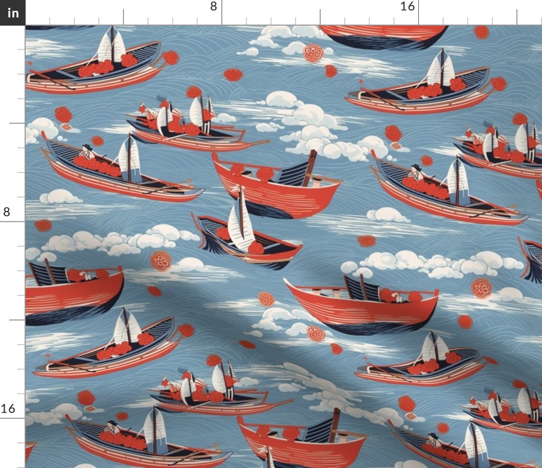 red boats on a blue ocean