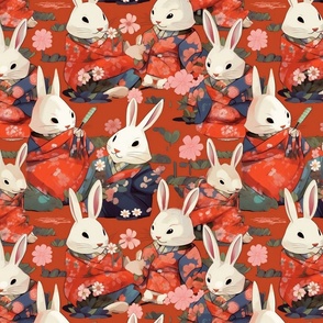 white rabbits in red kimonos