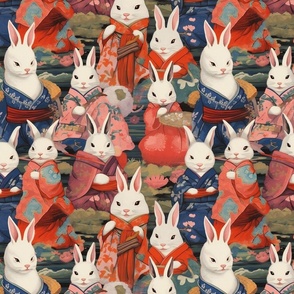 white rabbits wearing kimonos
