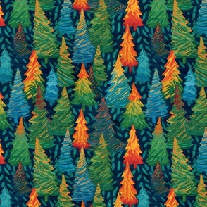 christmas tree forest of red orange blue and green