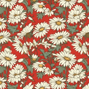 white and yellow daisies on a red background