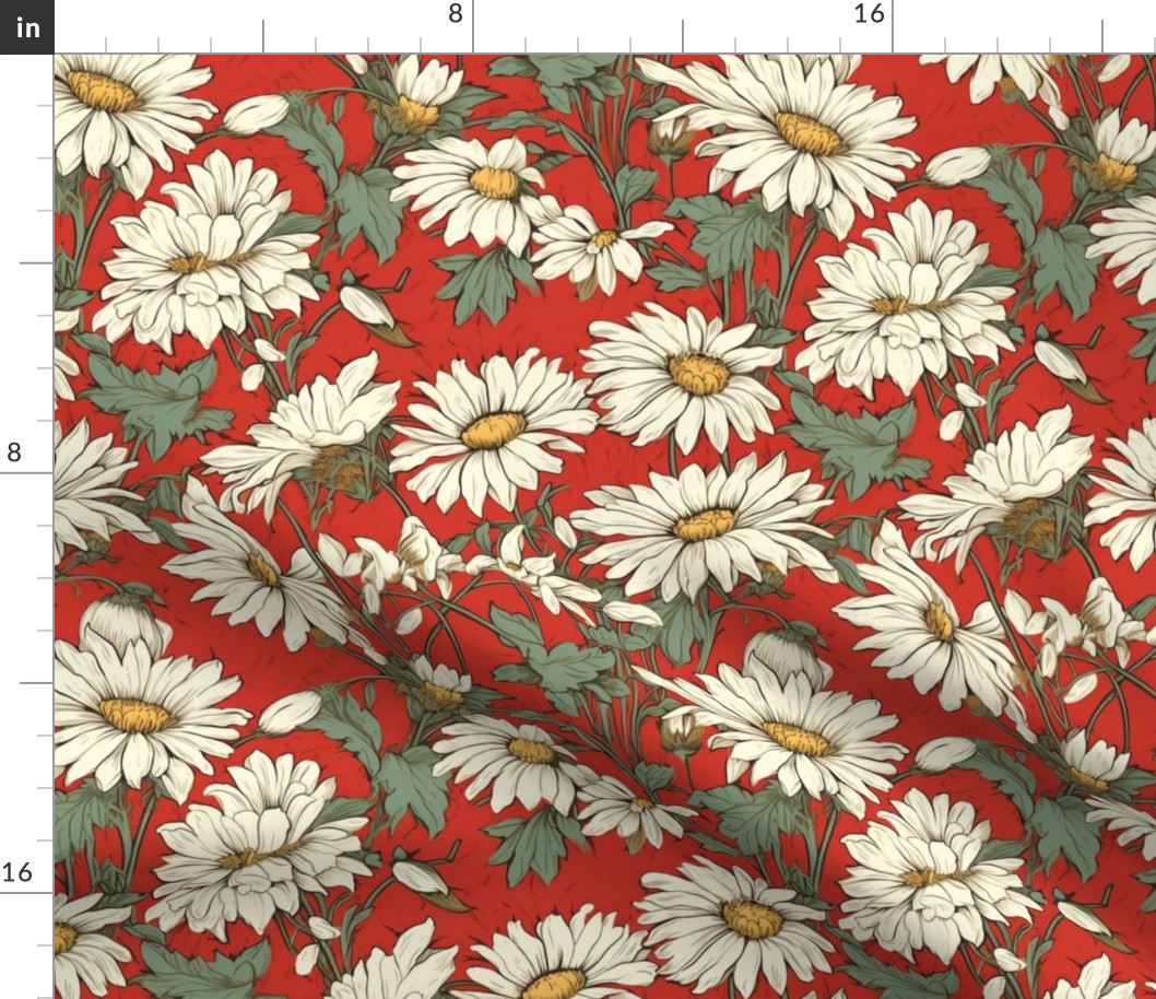 white and yellow daisies on a red background